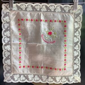 Beautiful Antique French Souvenir Handkerchief, Embroidered Silk